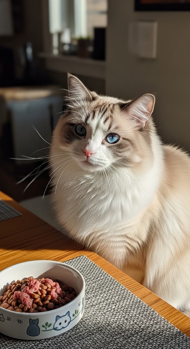 A cat sitting on a table.
