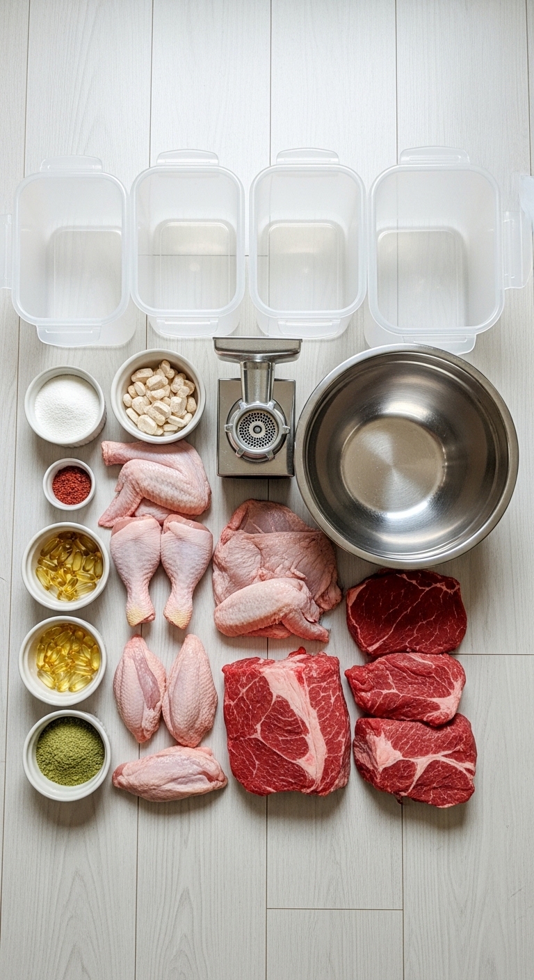 A table with various ingredients for homemade ragdoll cat food recipes.