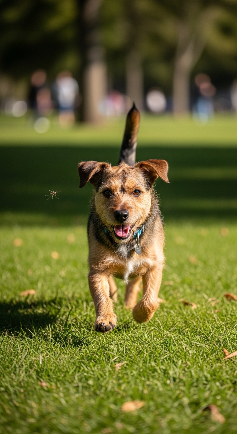 A dog with a blue collar running in the grass.