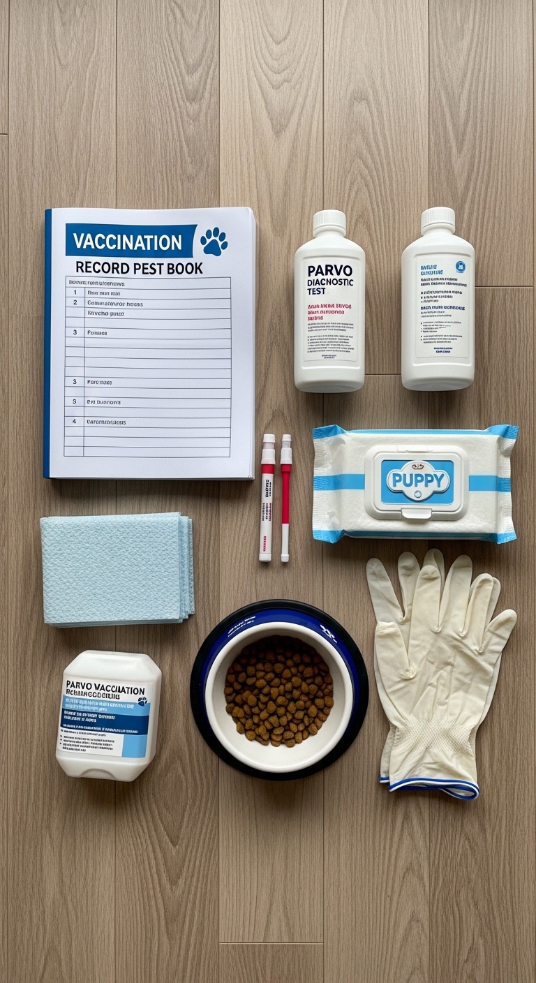 A vaccination record book and supplies for a dog.