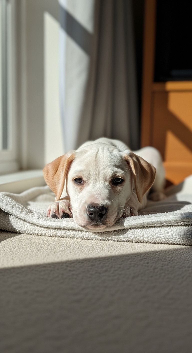 A white dog laying on a blanket.