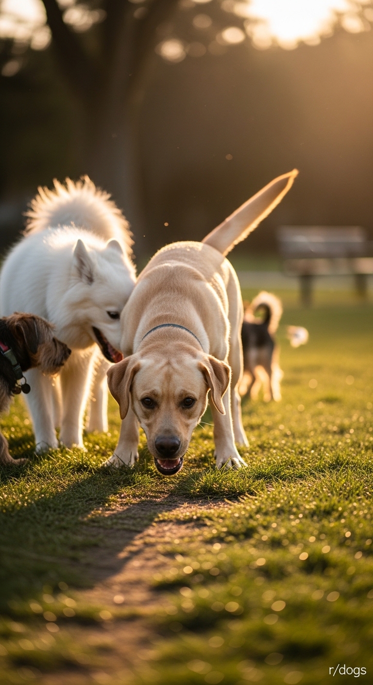 Three dogs playing in the grass.