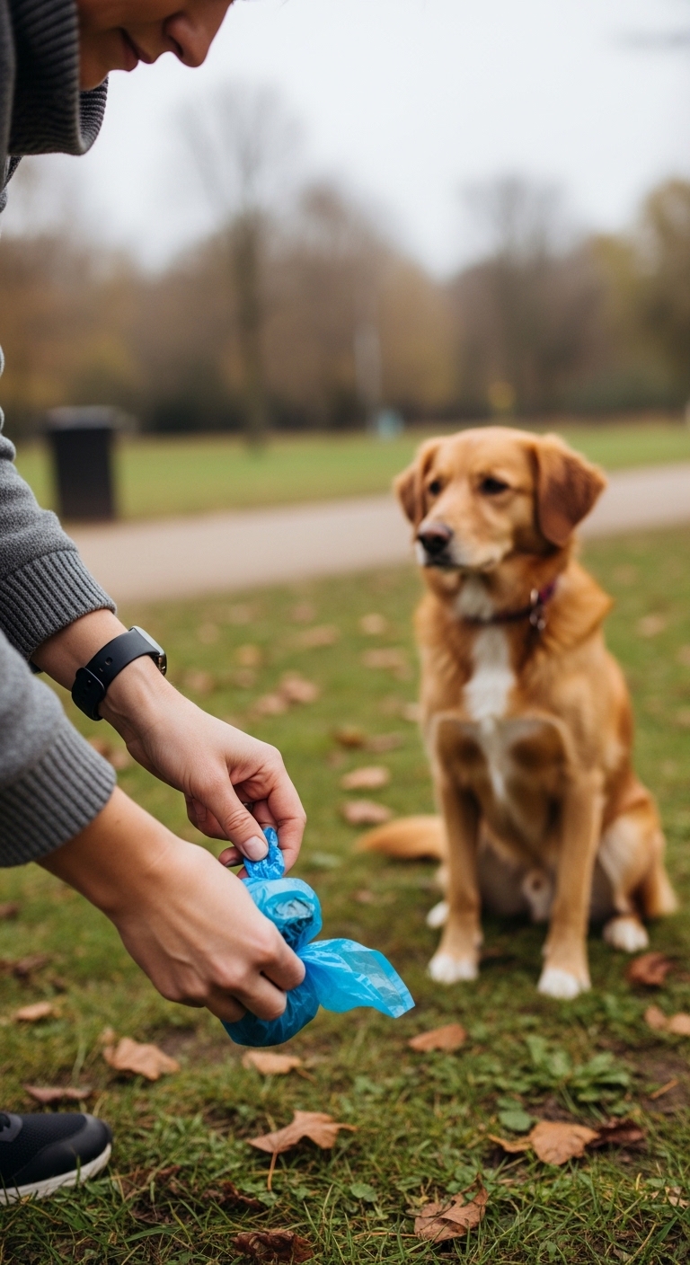 A dog is looking at a blue bag.