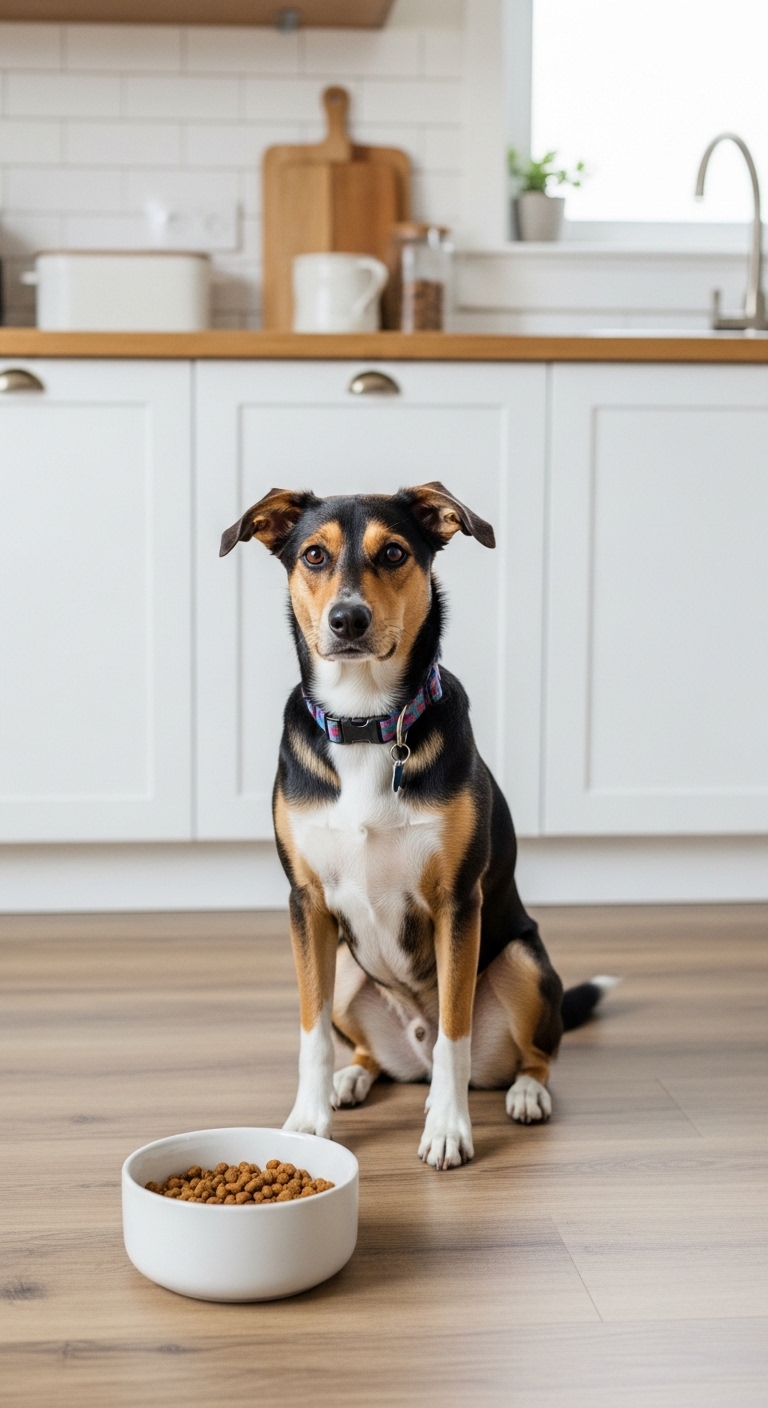 A dog is sitting on a wooden floor.