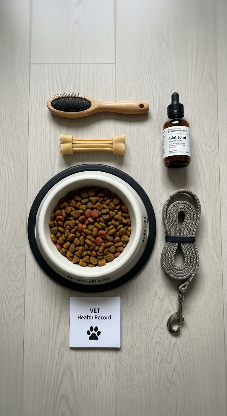 A bowl of dog food and a bottle of vitamins.