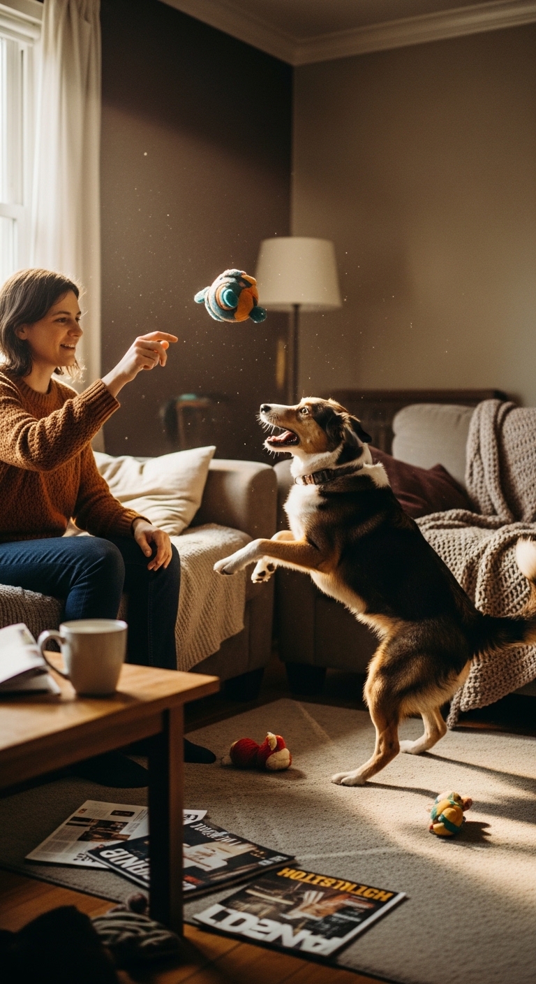 A woman is playing with her dog, which is jumping up to catch a toy.