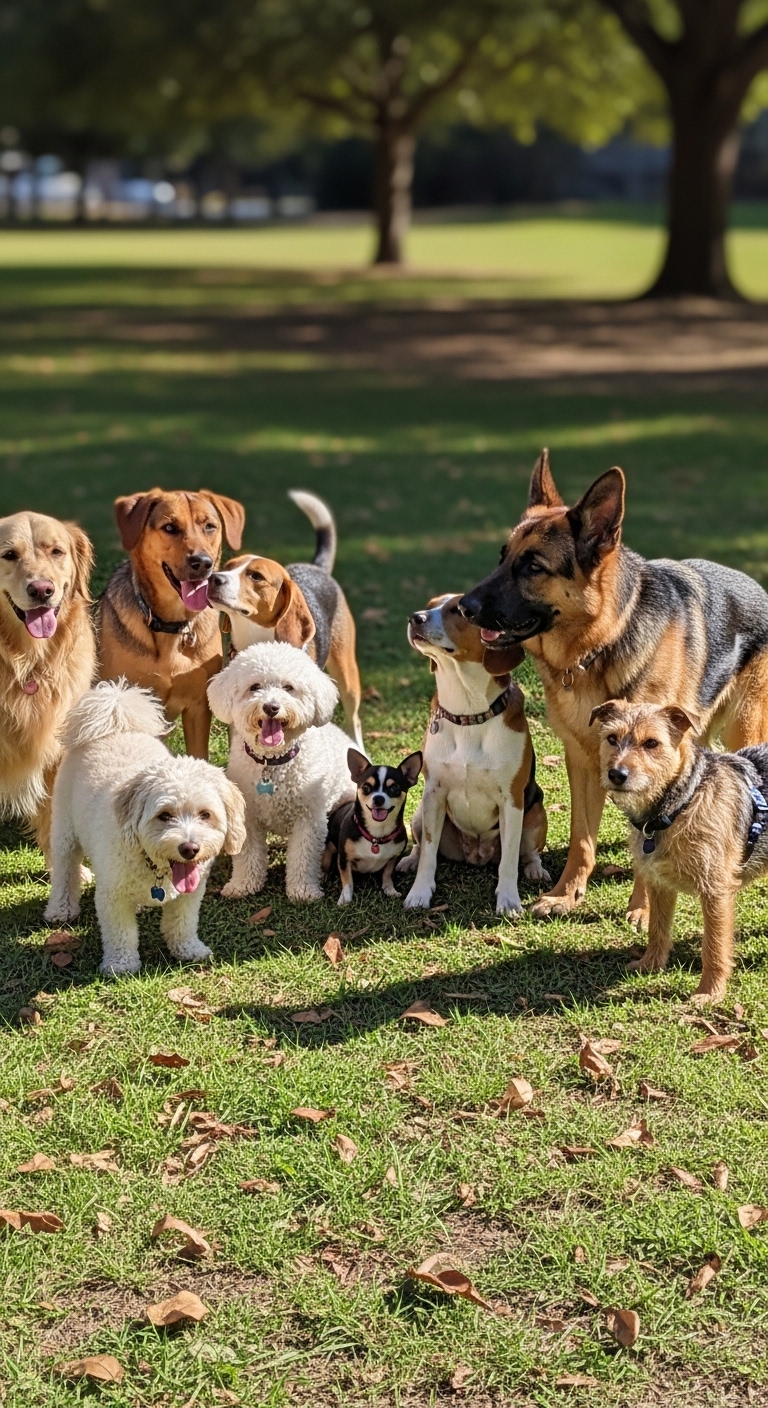 A group of dogs and puppies posing for a picture.
