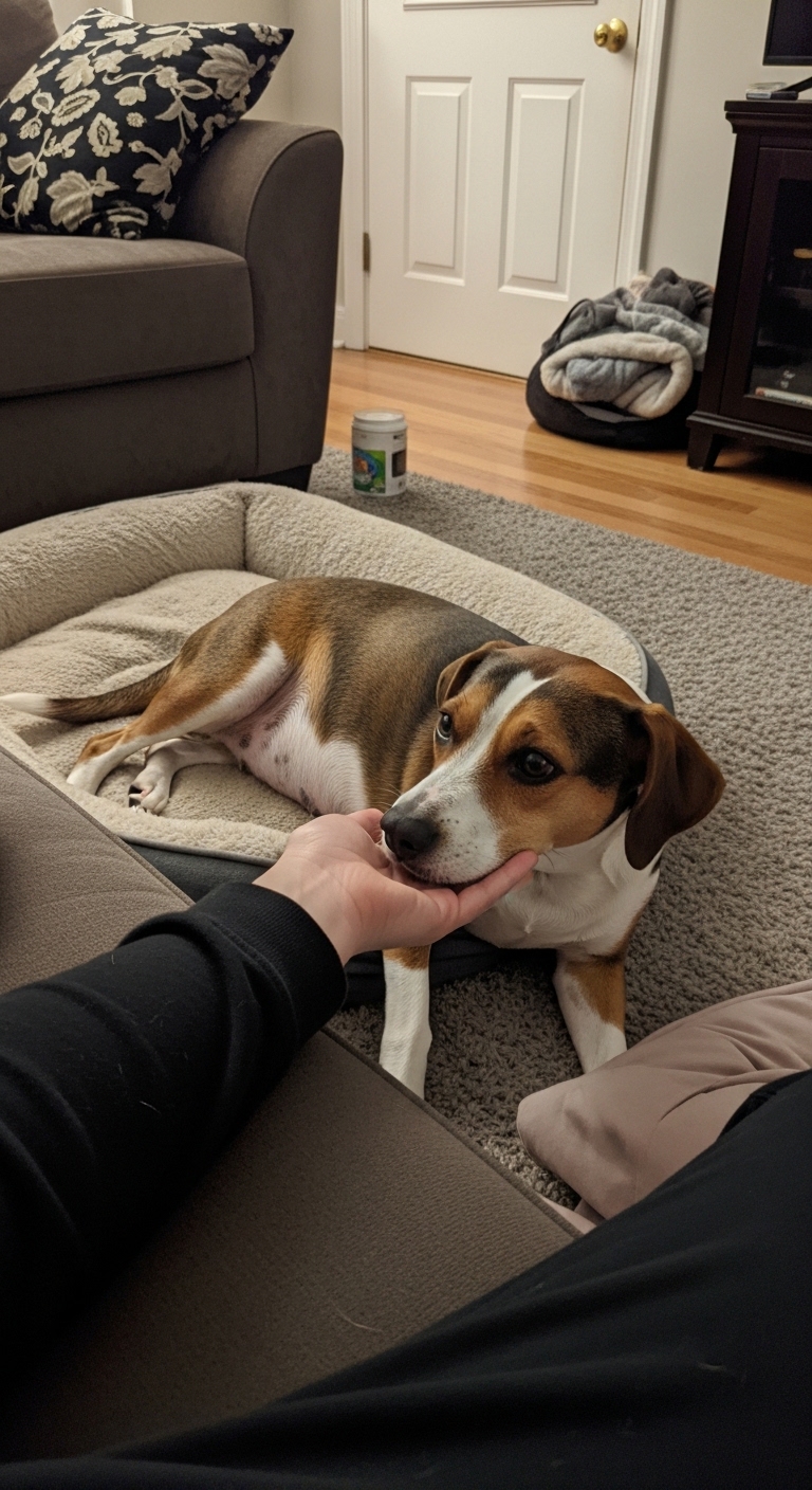 A dog is laying on a bed with a person's hand on its belly.