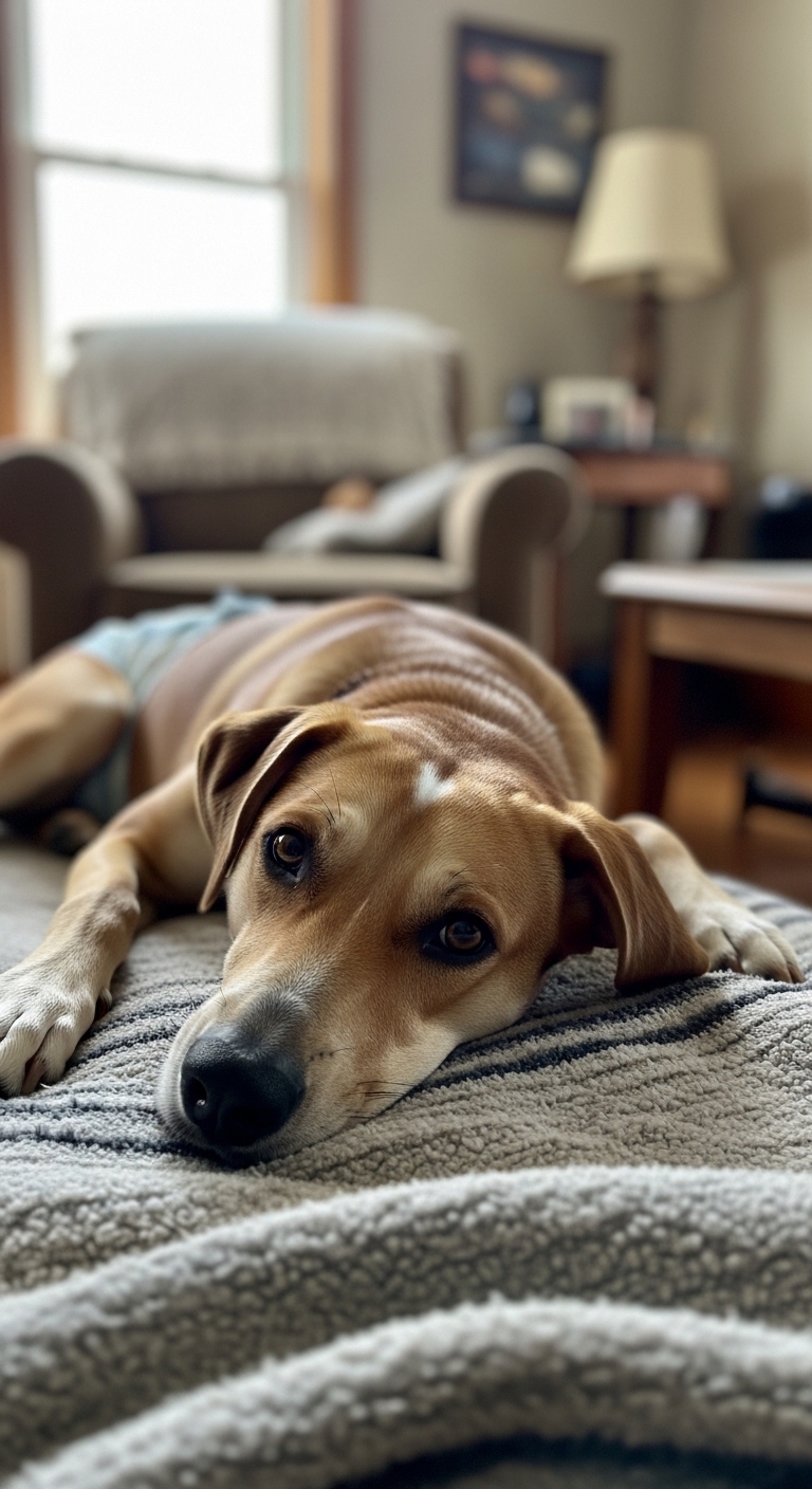 A dog lays on a couch, looking at the camera.