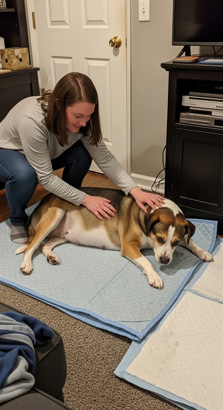A pregnant dog is laying on a blue blanket.