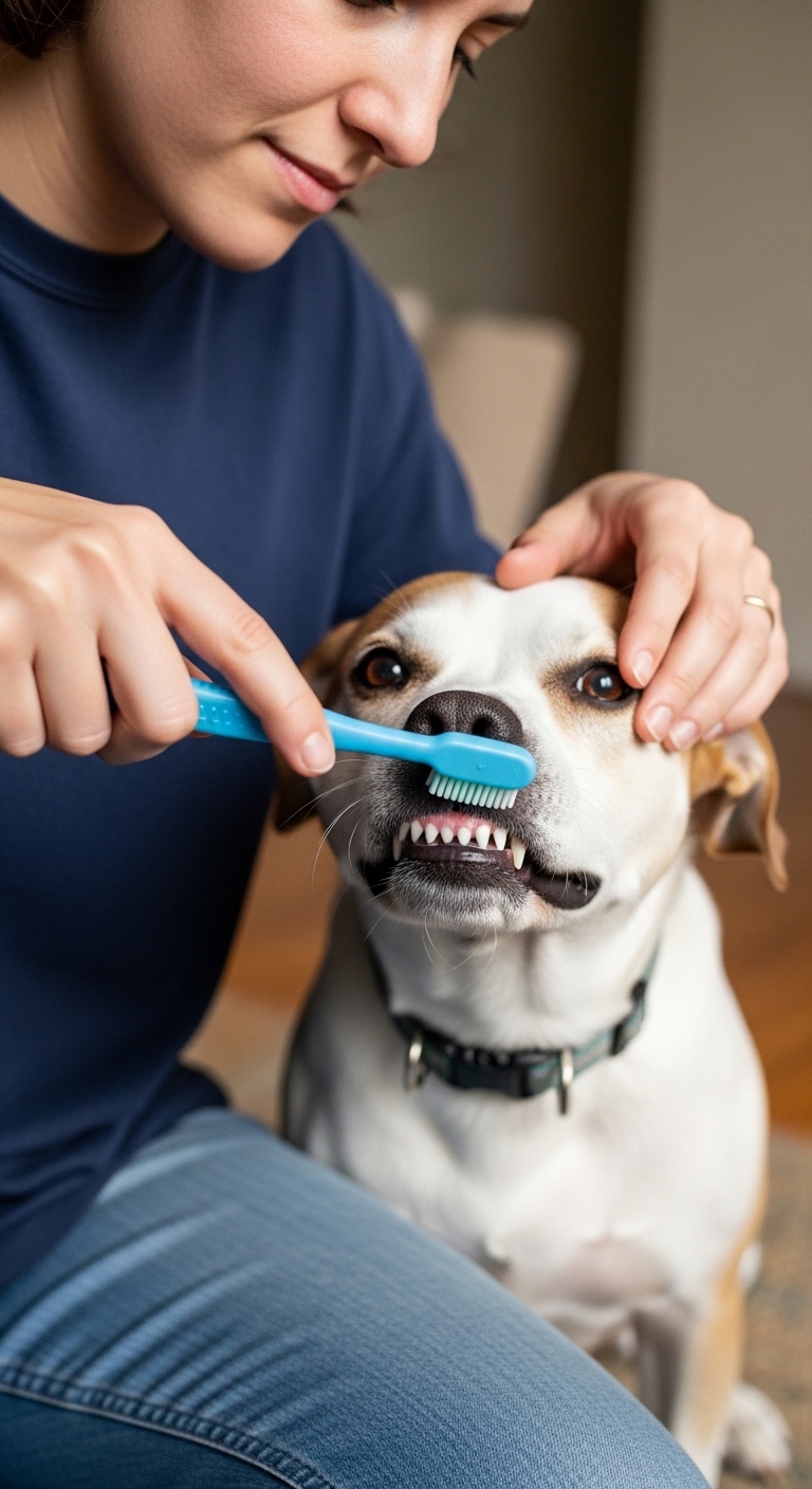 A dog with a toothbrush in its mouth.