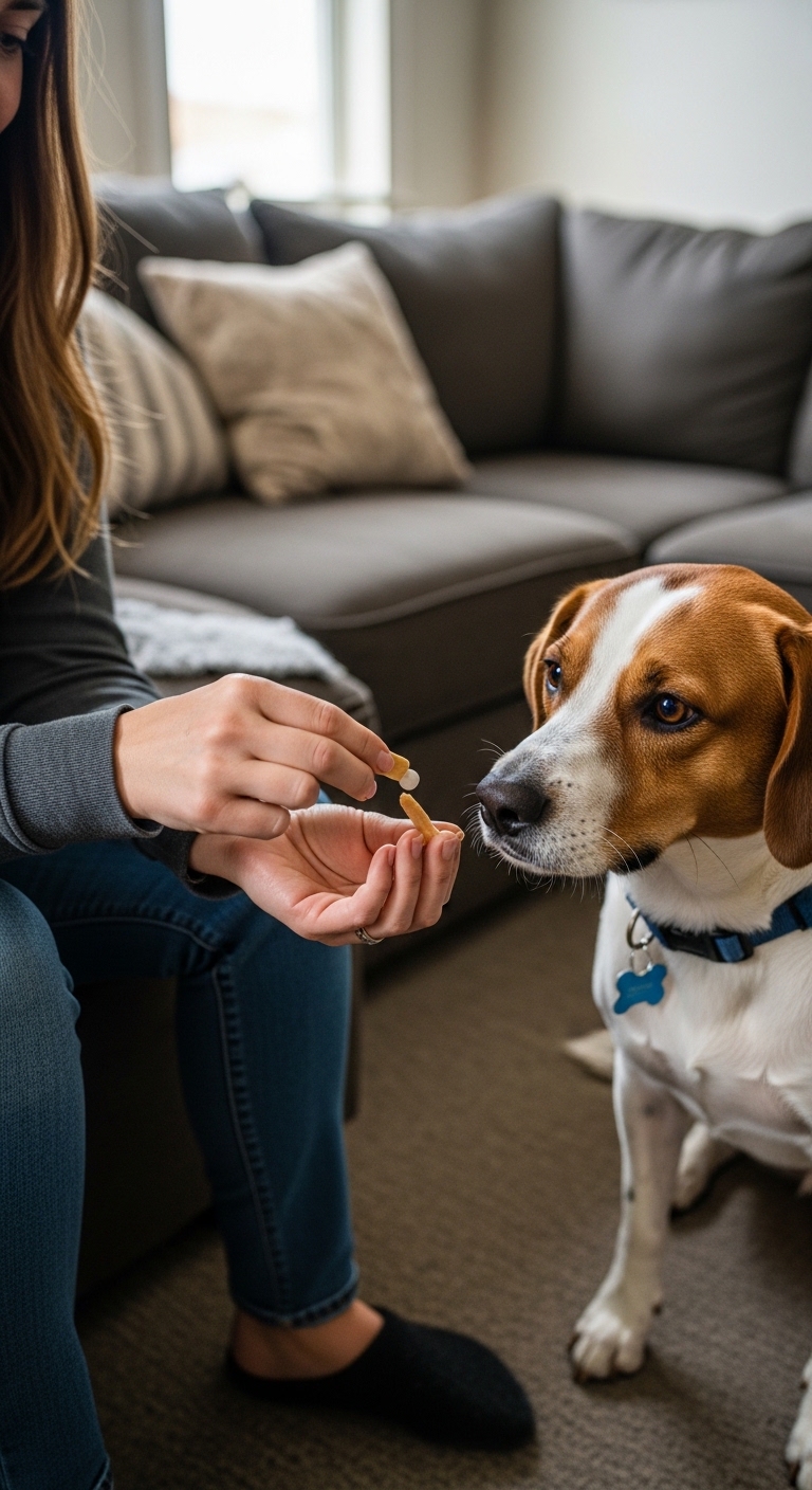 A woman is feeding a dog a pill.