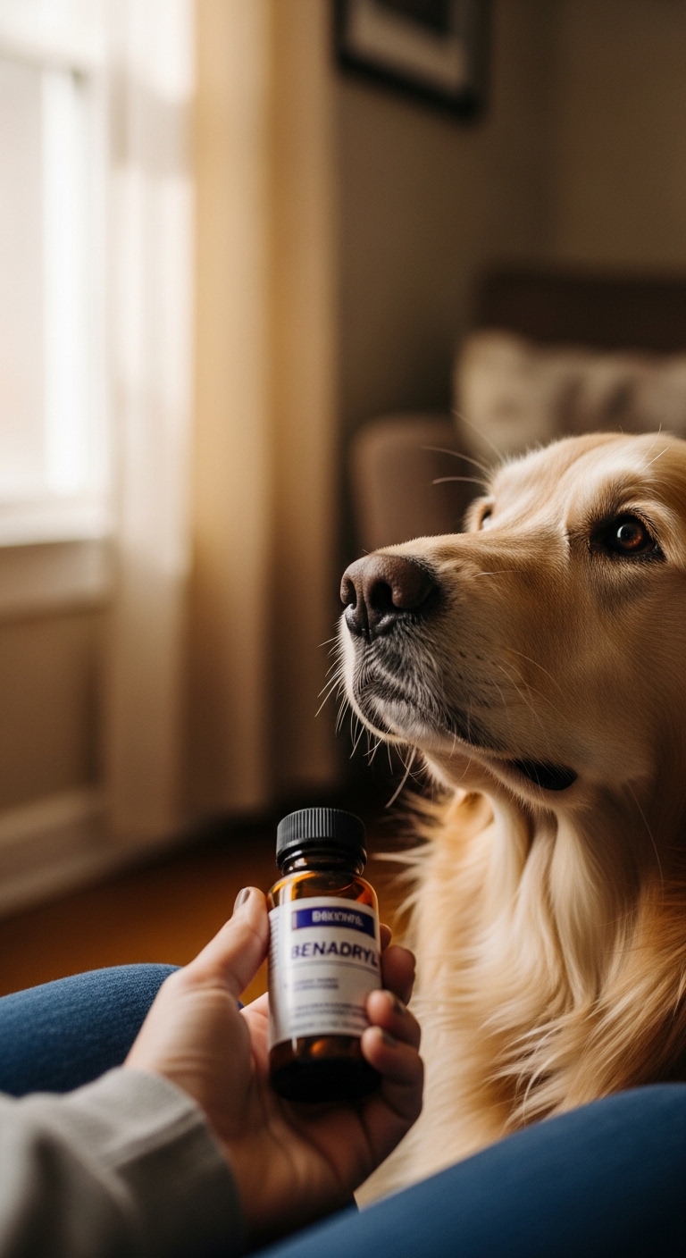 A bottle of Benadryl is being held by a person.