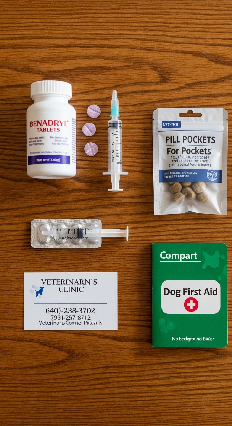 A bottle of Benadryl and a pill pocket for dogs.