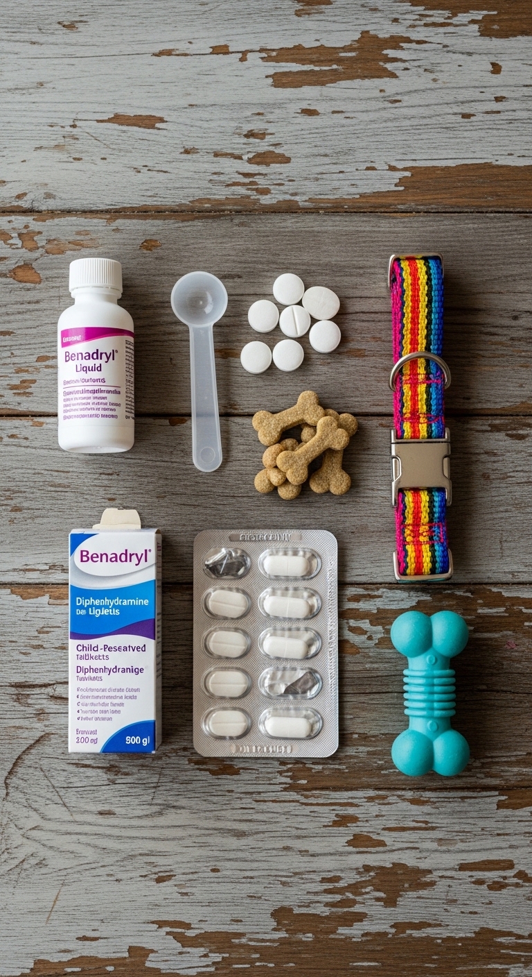 A bottle of Benadryl is on a table with other items.