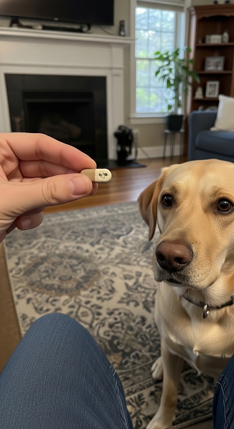A dog is looking at a pill in a person's hand.