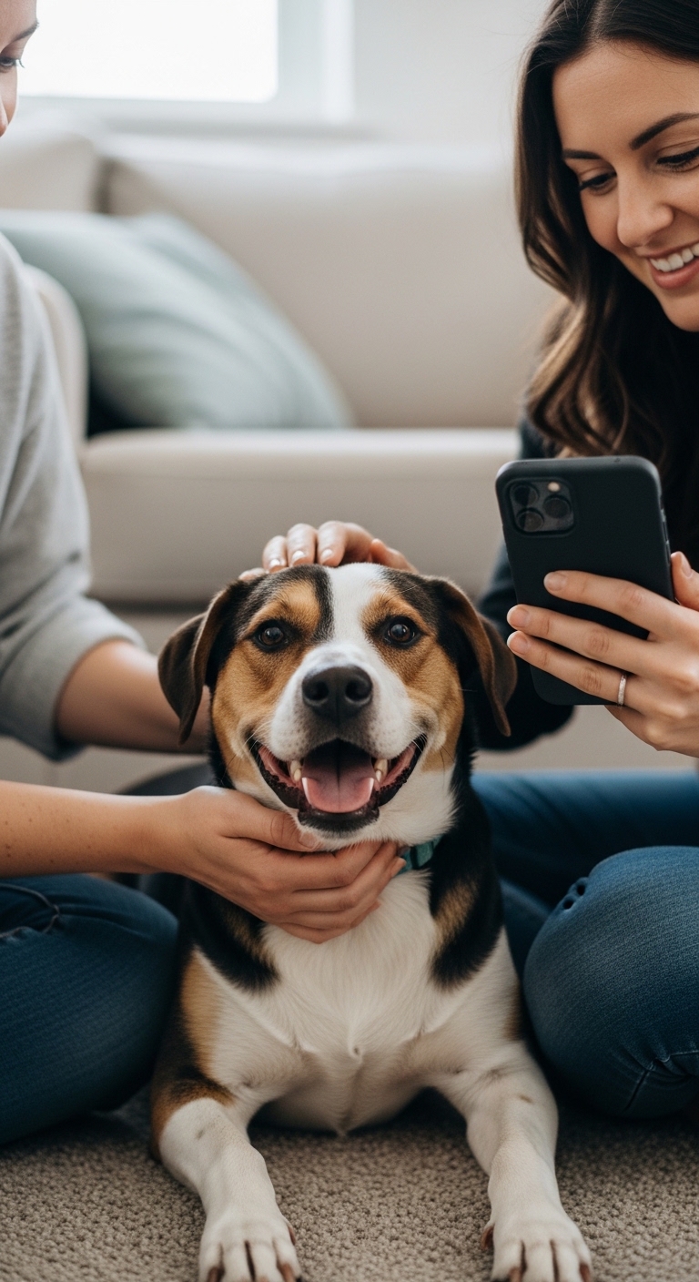 A woman is petting a dog with a blue collar.