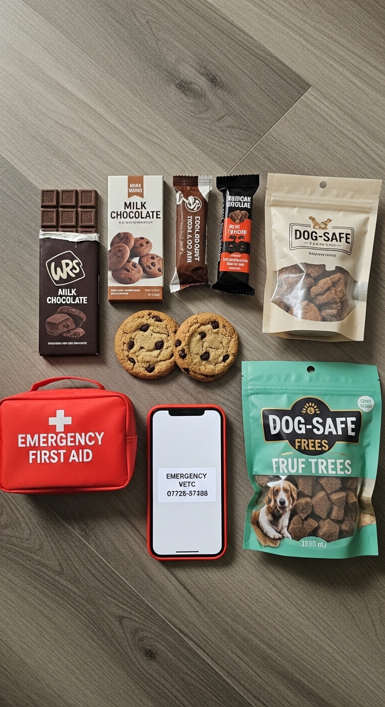 A collection of dog safe foods and chocolate.