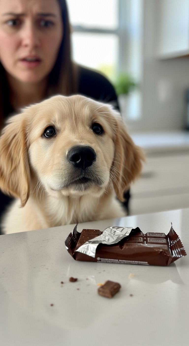 A dog looks at a chocolate bar on a table.
