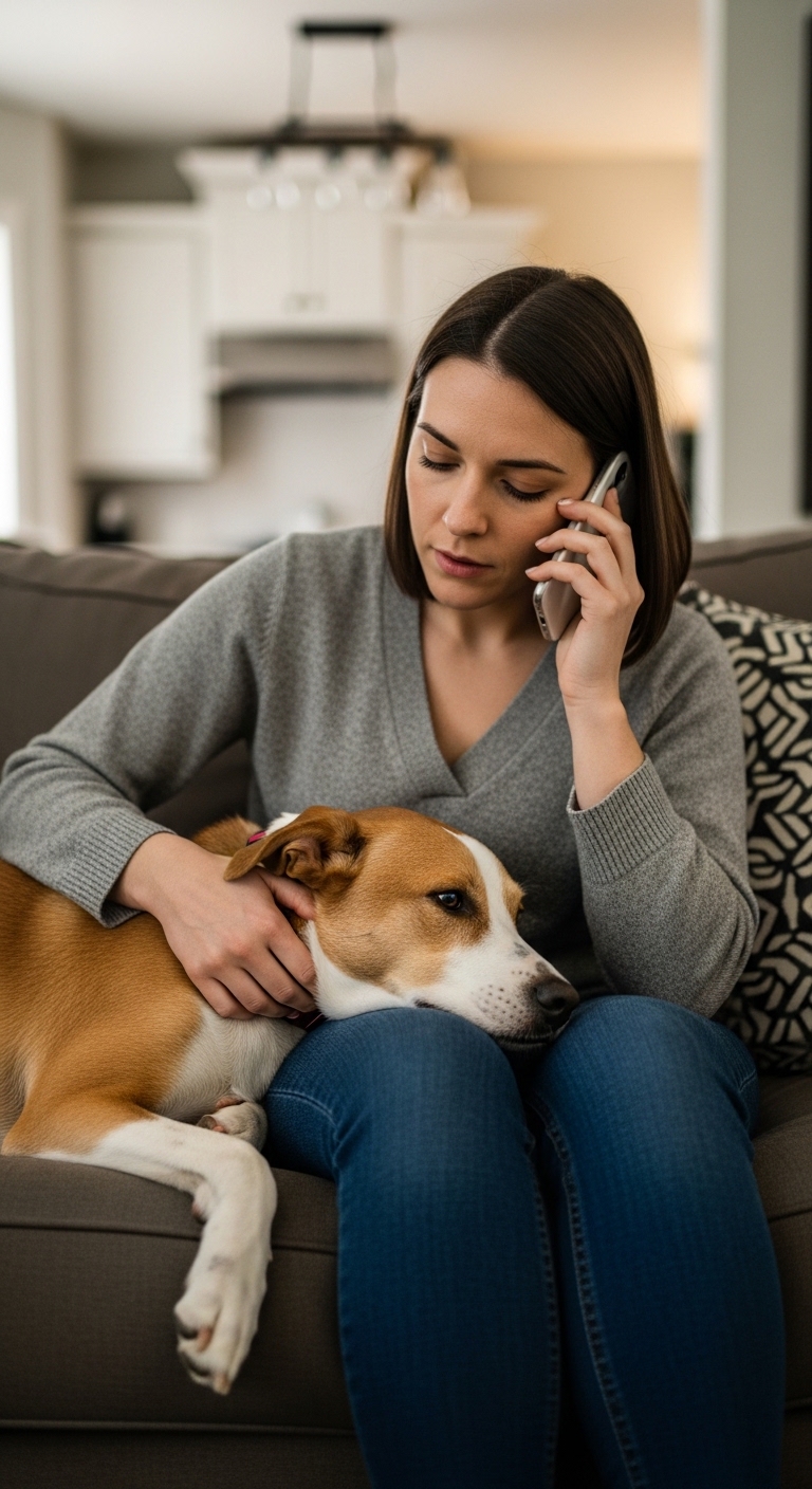 A woman holding a dog and talking on the phone.