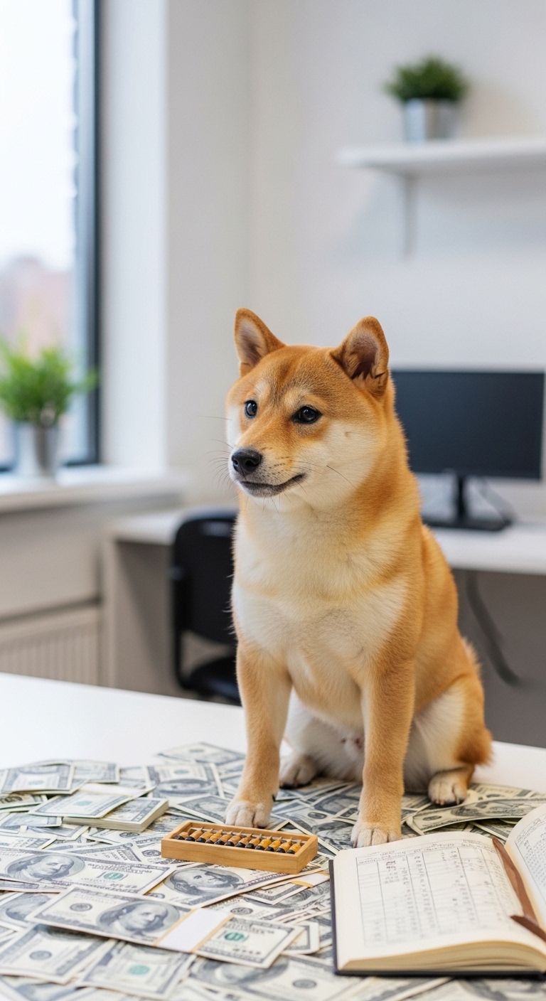A dog sitting on a desk in front of money.