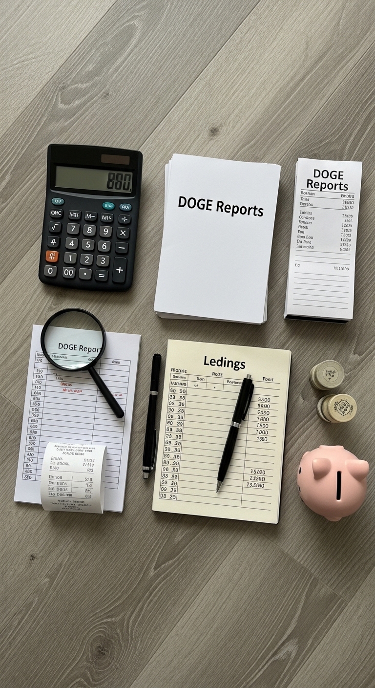 A calculator, pen, and notebook are on a table with the words "Doge Reports" written on the notebook.