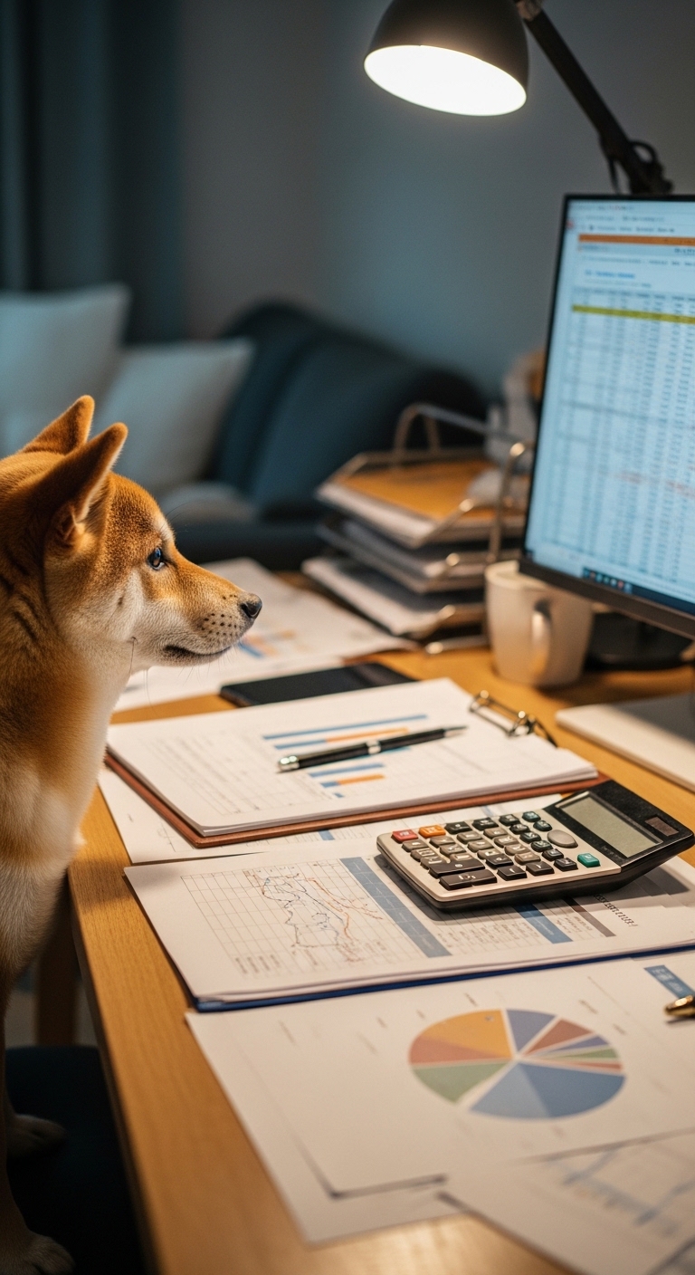 A dog sitting in front of a calculator and a computer screen.
