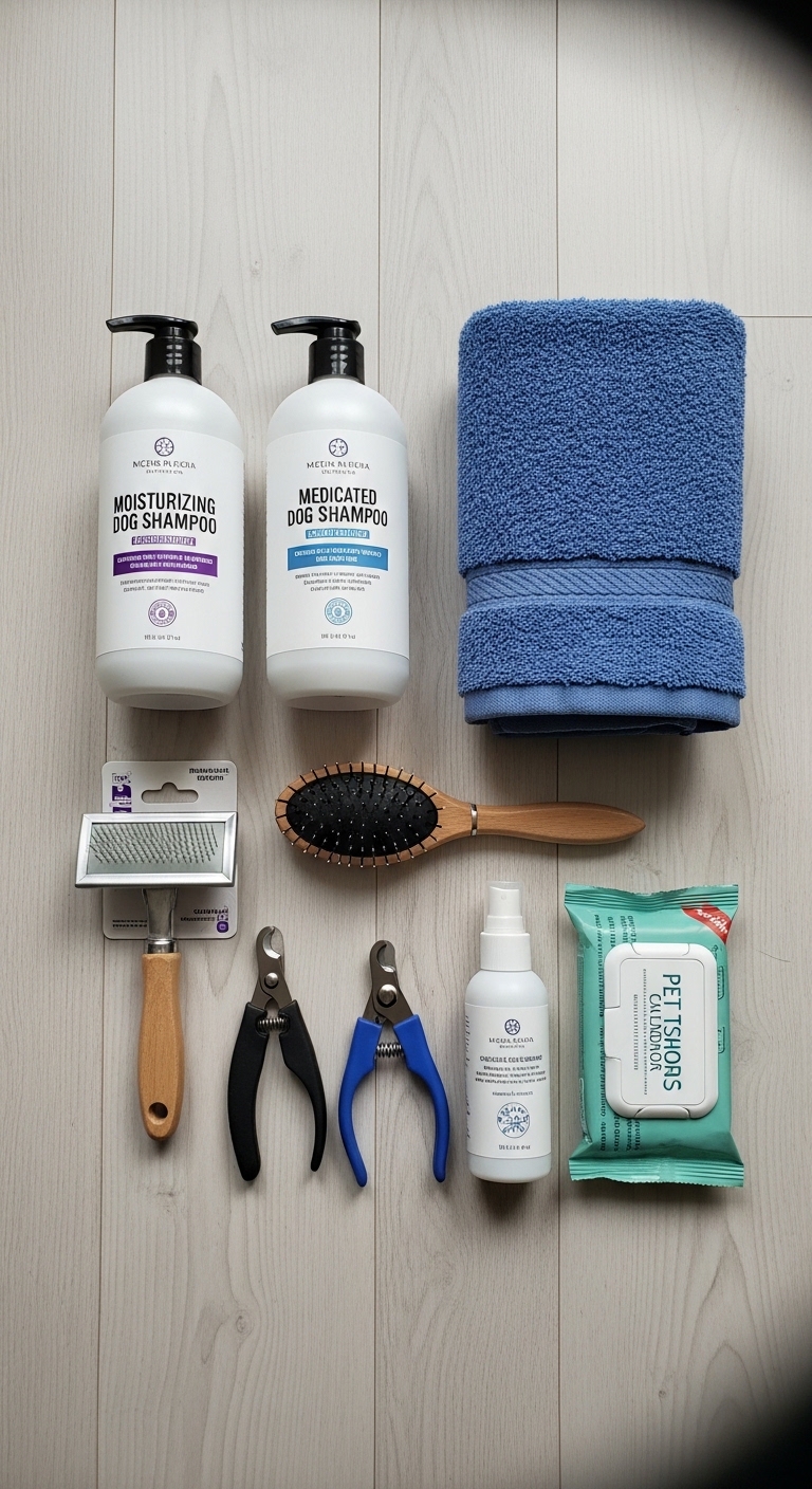 A bottle of dog shampoo and a towel are displayed.