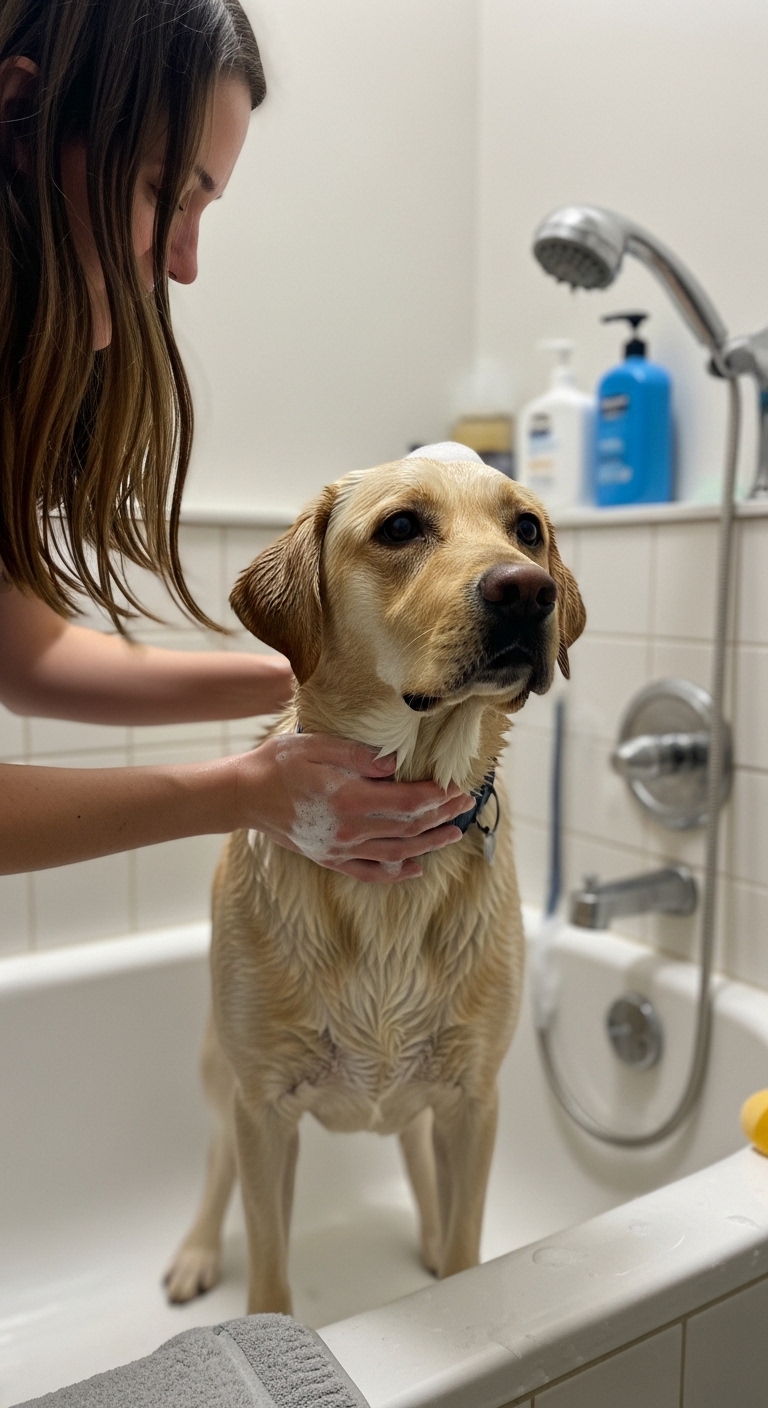 A woman is bathing her dog in the sink.