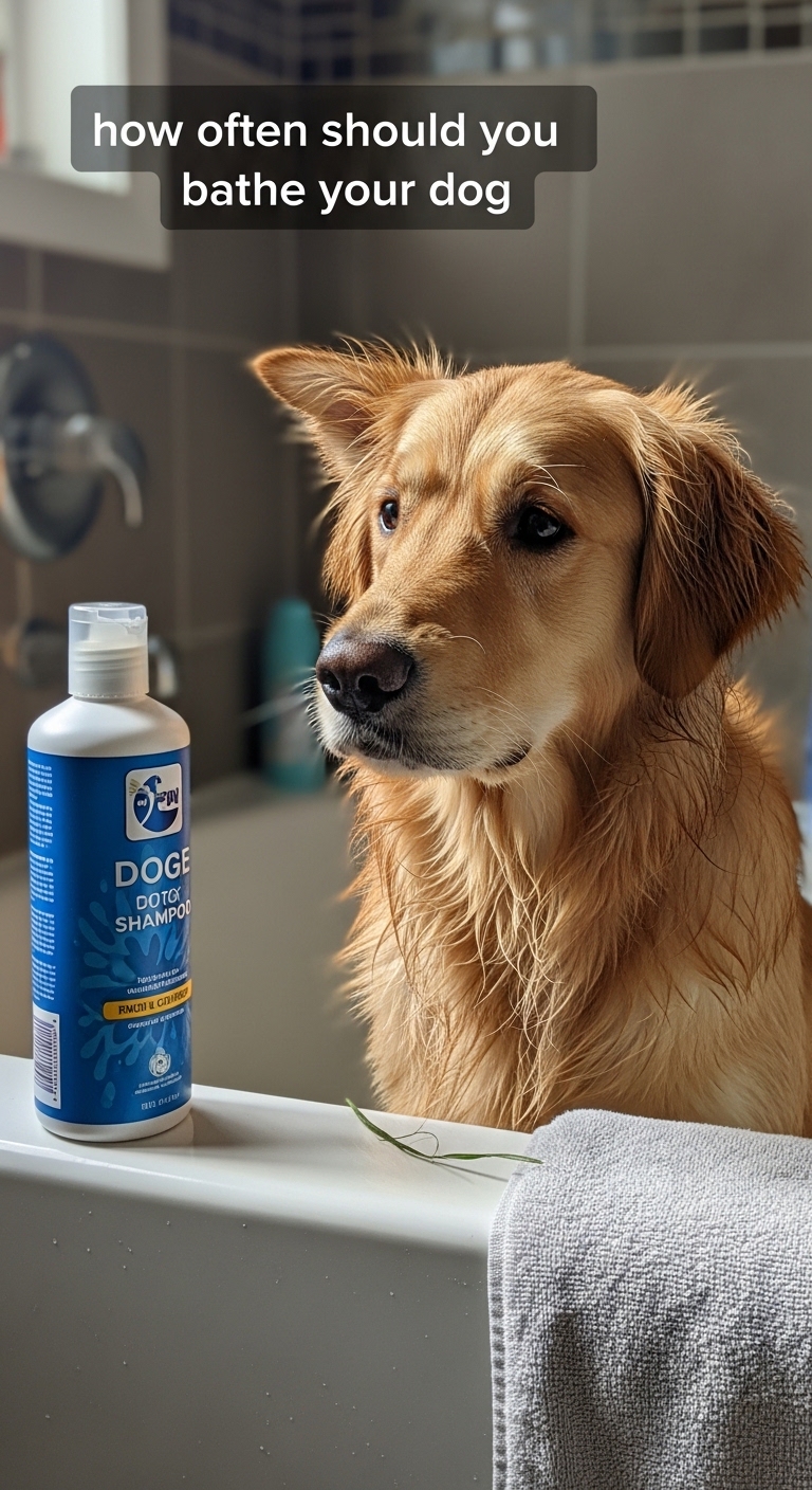 A dog is sitting in a bathtub with a bottle of dog shampoo next to it.
