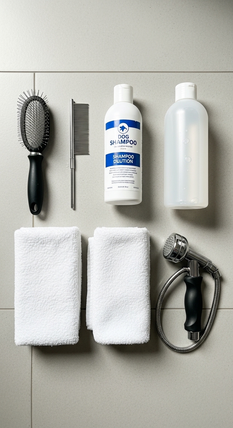 A bottle of shampoo and a brush are on a counter.
