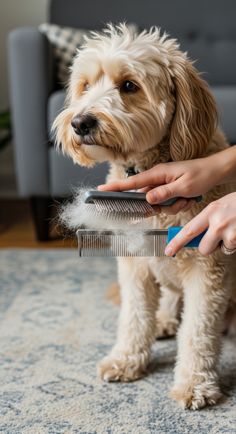 A person is brushing a dog's fur.