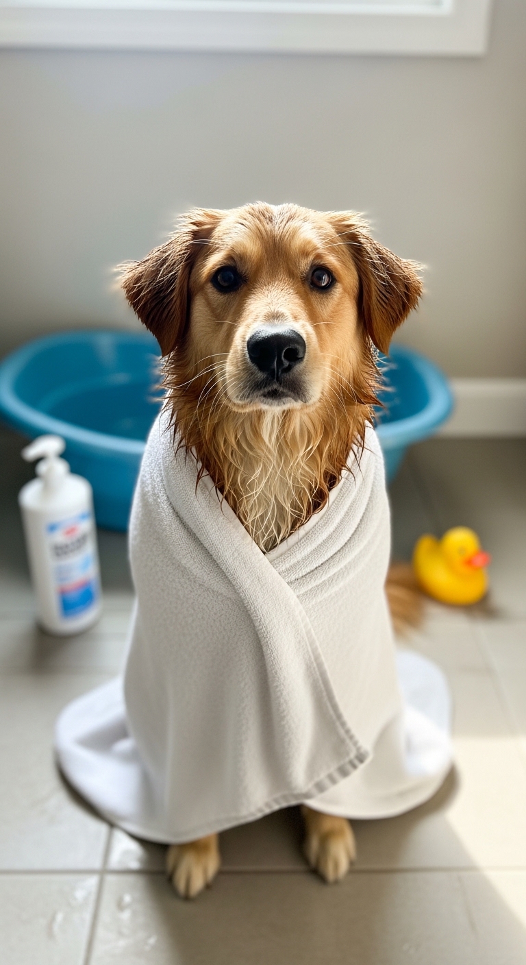A dog is wrapped in a towel and standing in a bathtub.