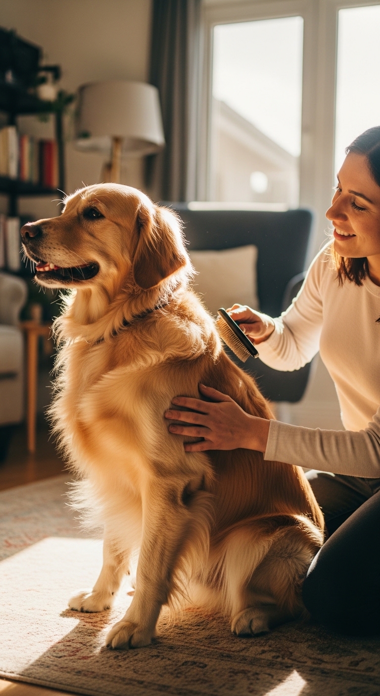 A woman brushes a dog's fur.