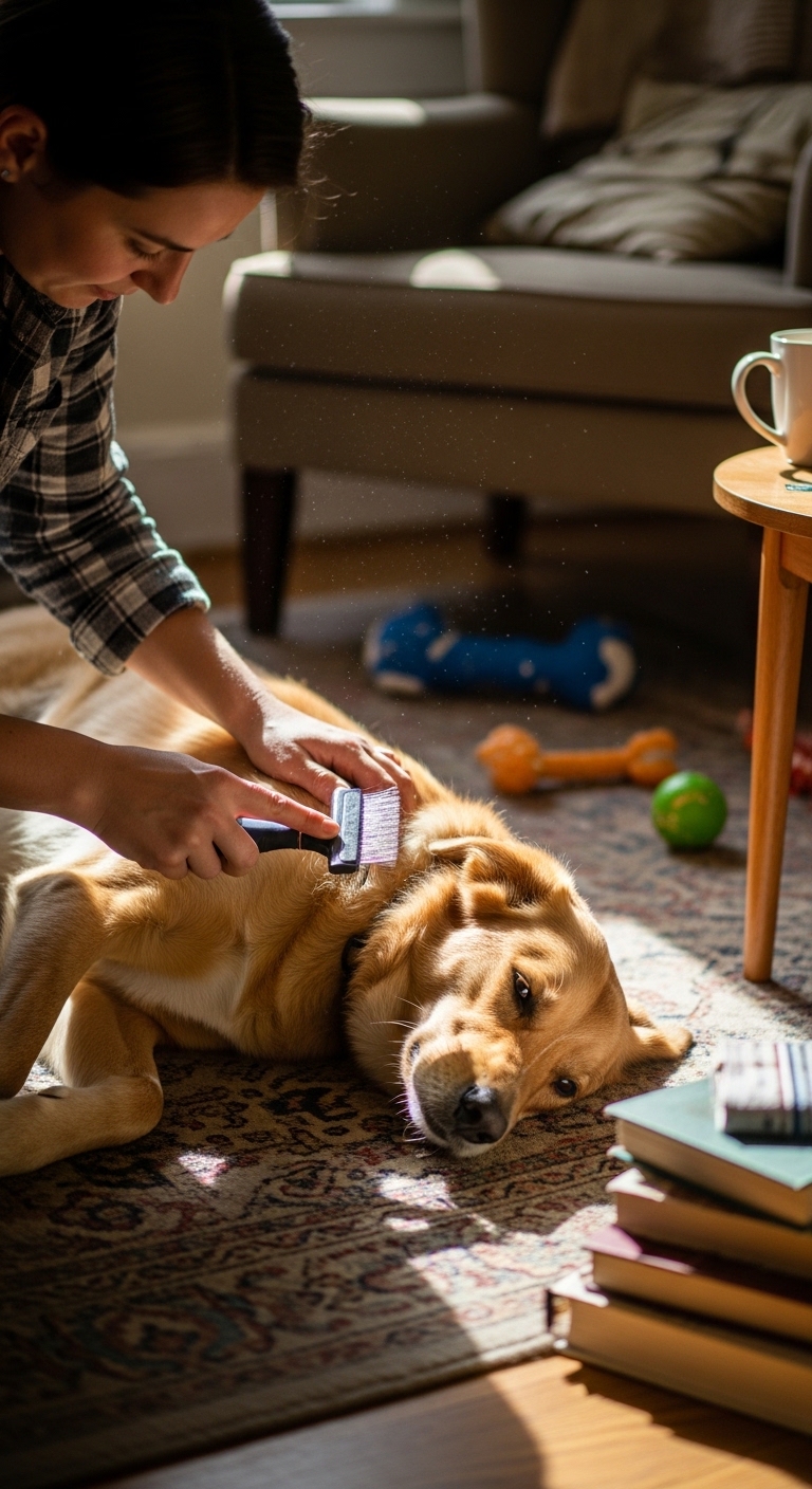 A person brushing a dog.