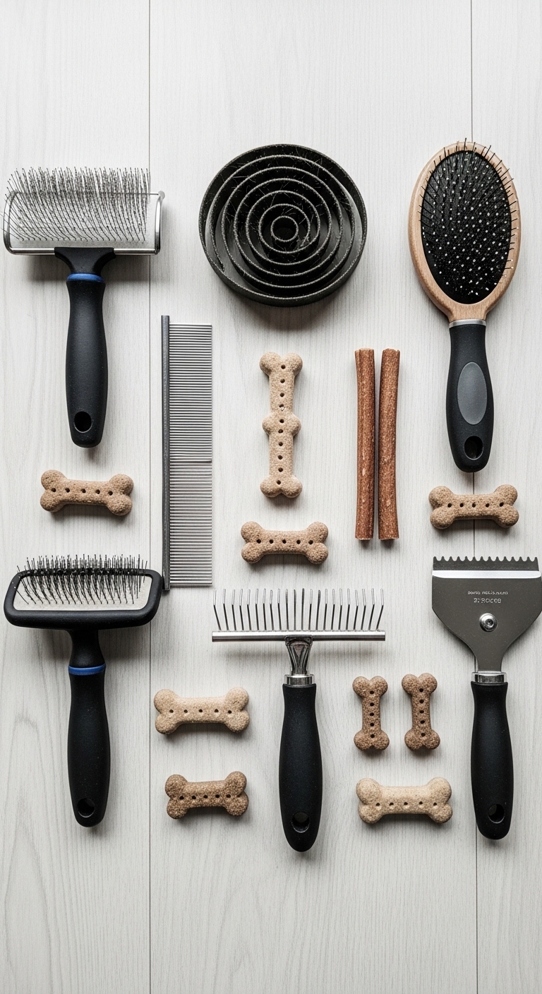 A collection of grooming tools for dogs.