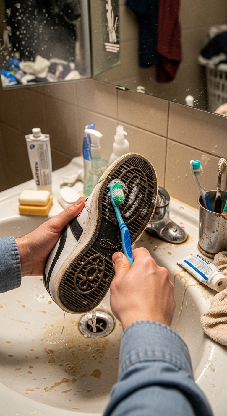 A person is brushing the bottom of their shoe.