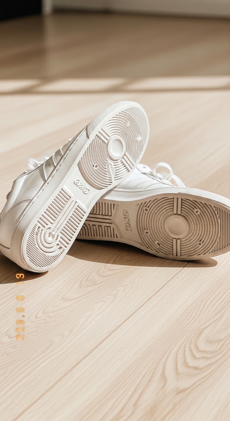 A pair of white sneakers with the bottoms facing up.