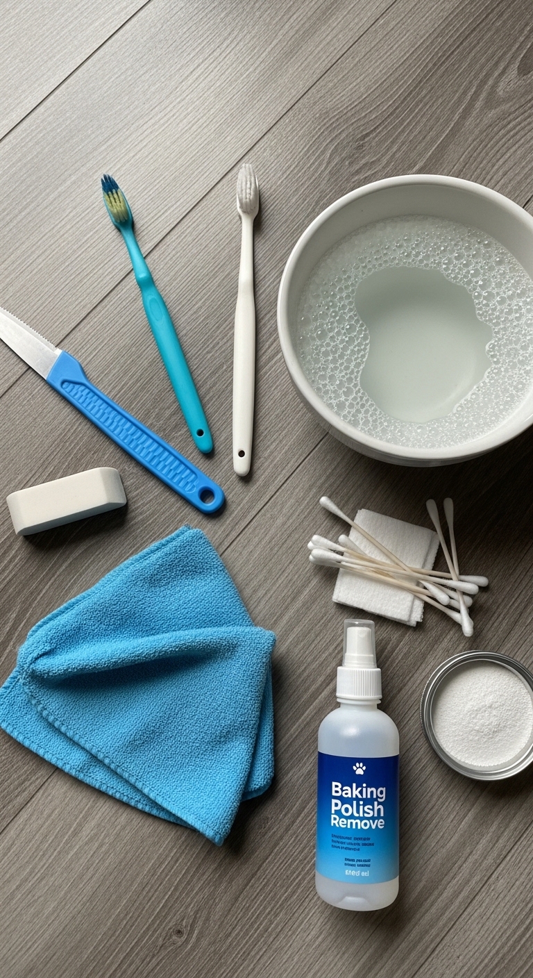 A blue towel and a white bottle of cleaner are on a table.