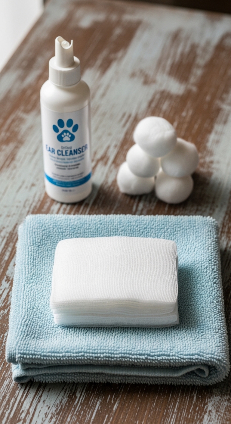 A bottle of ear cleaner and cotton balls are on a table.