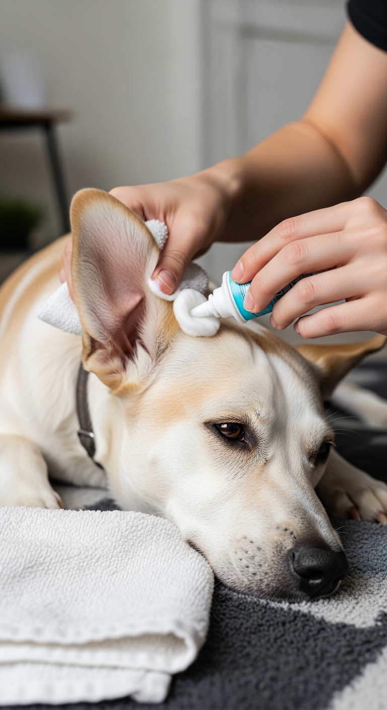 A dog with its ears wrapped in a towel.