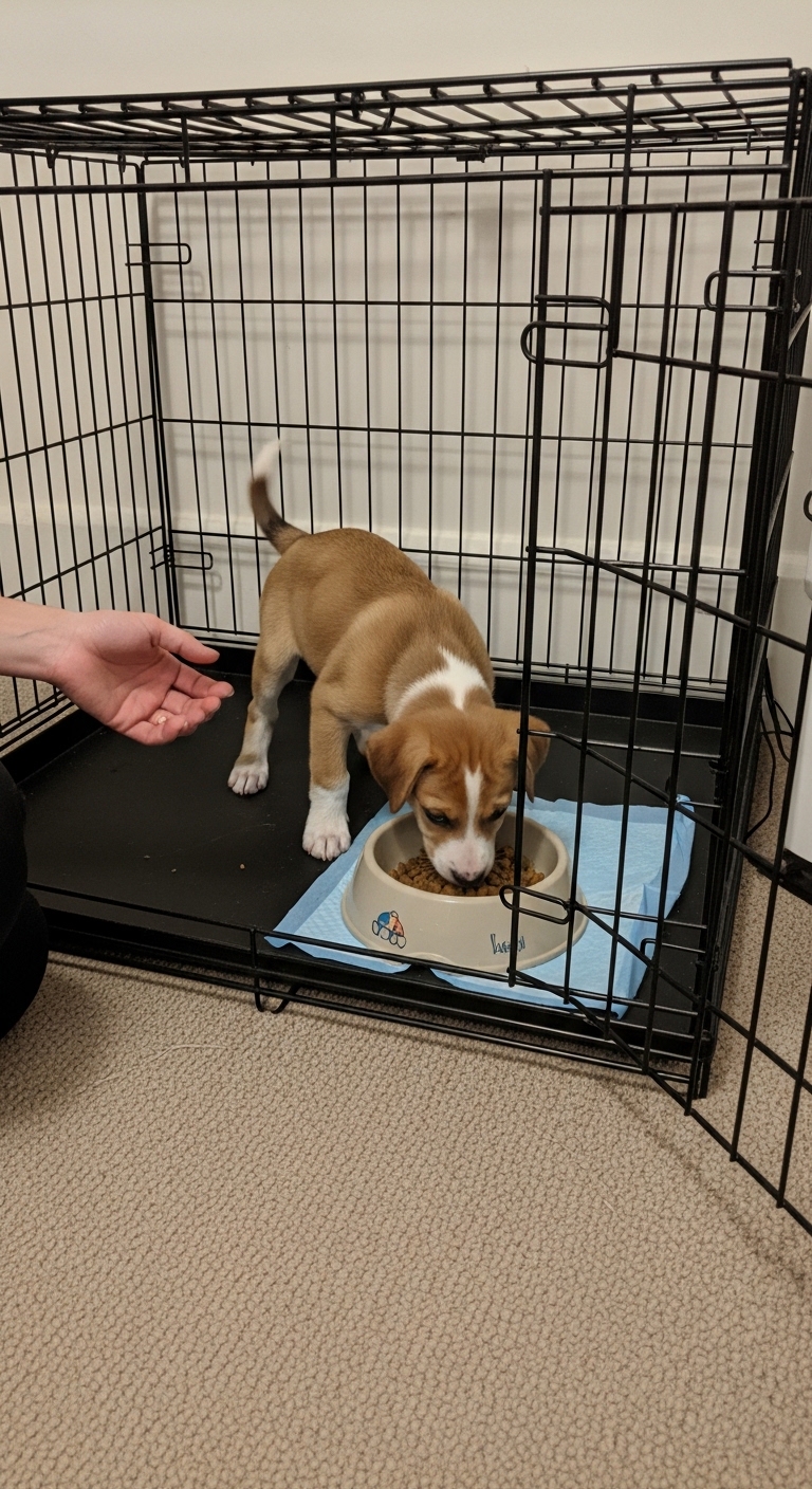 A puppy eating out of a bowl.
