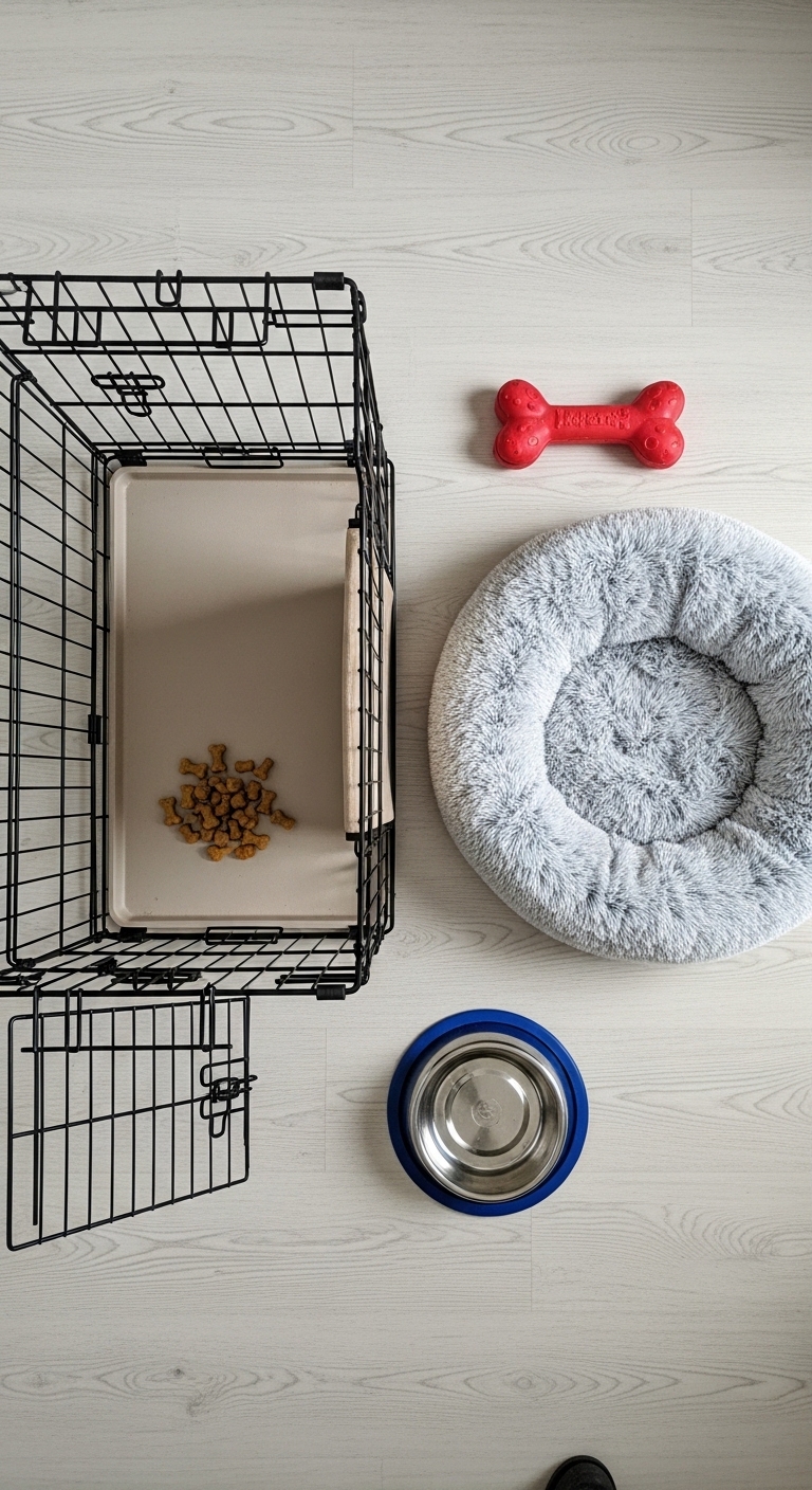 A dog bed and a dog bowl are placed next to a cage.