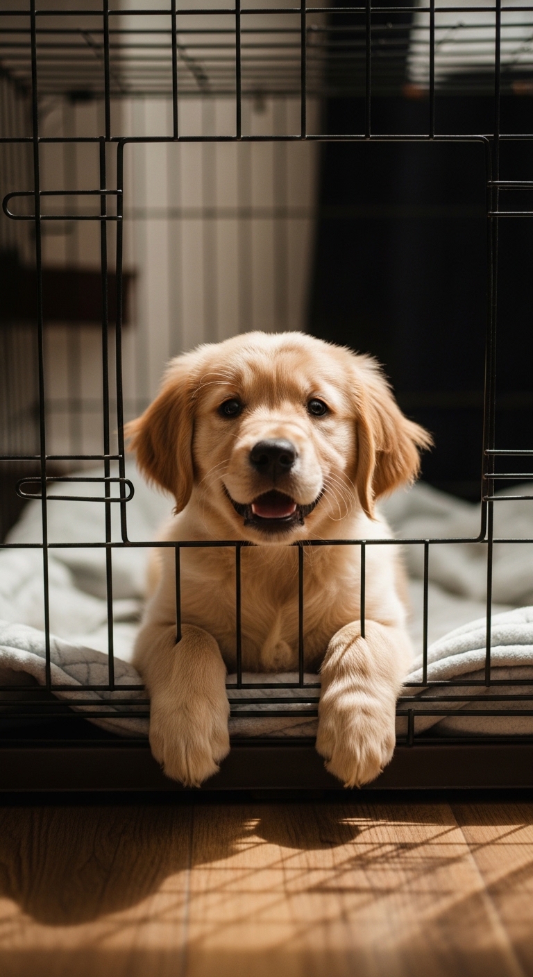 A puppy is in a cage.