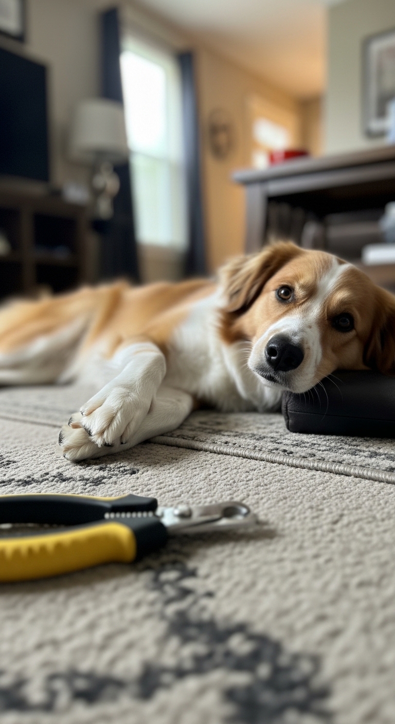 A dog is laying on the floor with a pair of scissors.