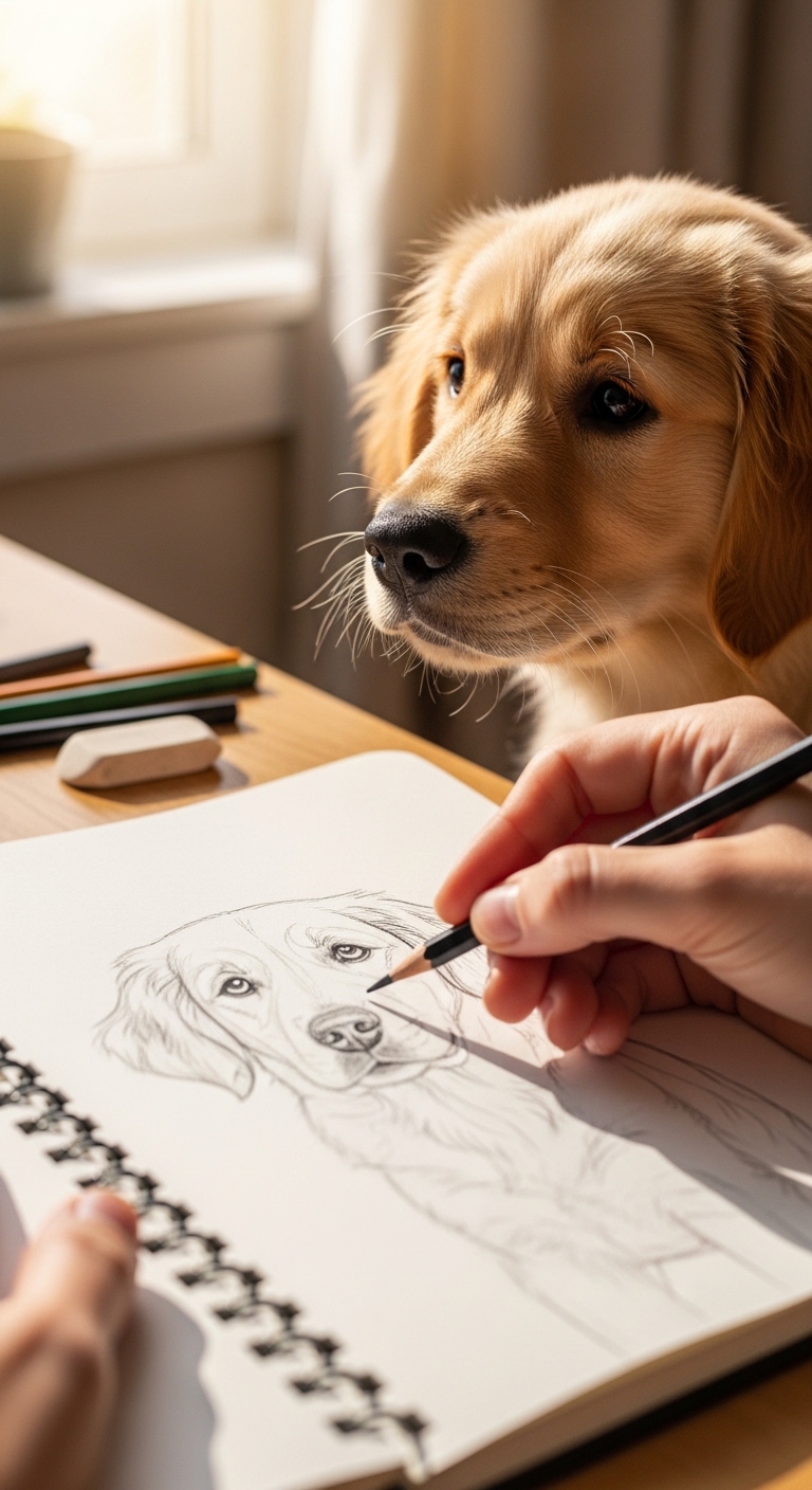 A person is drawing a dog on a piece of paper.