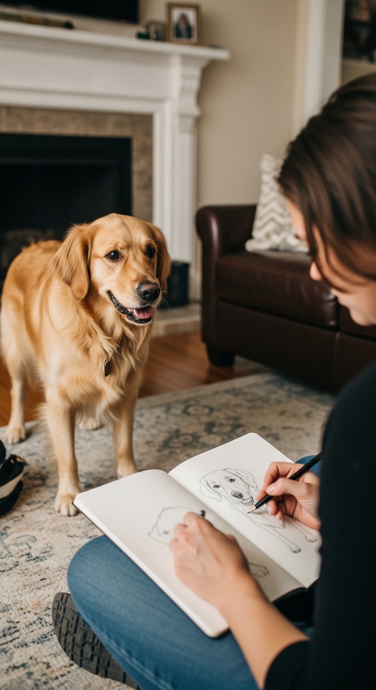 A woman is drawing a dog while a dog looks on.