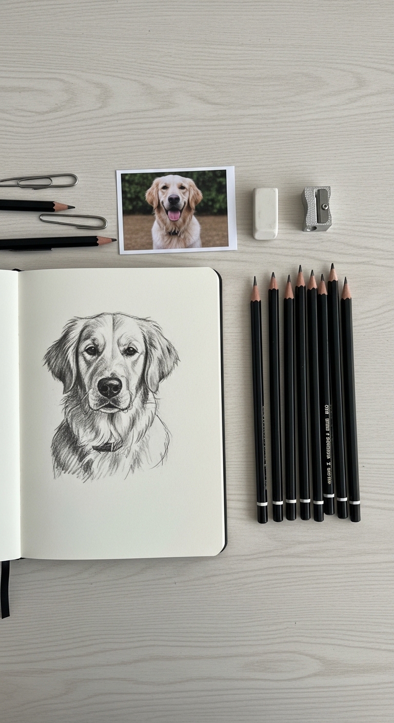 A drawing of a dog is on a page with a pencil and scissors.
