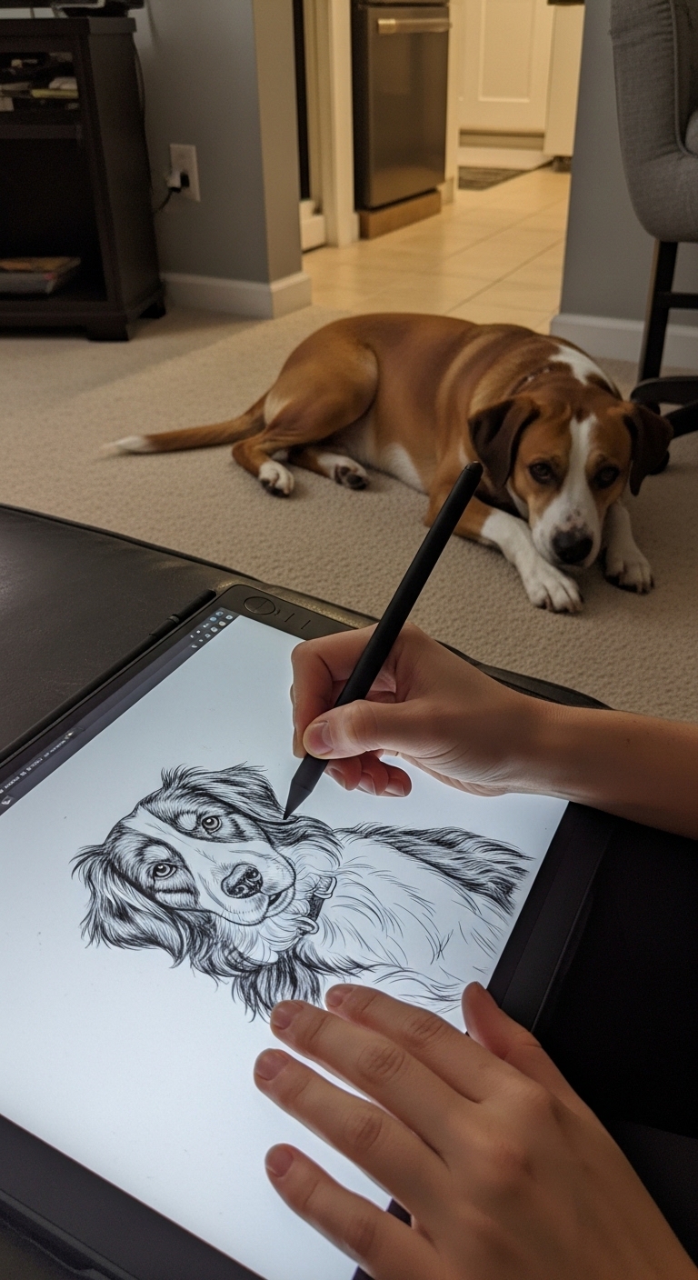 A person is drawing a dog on a tablet.