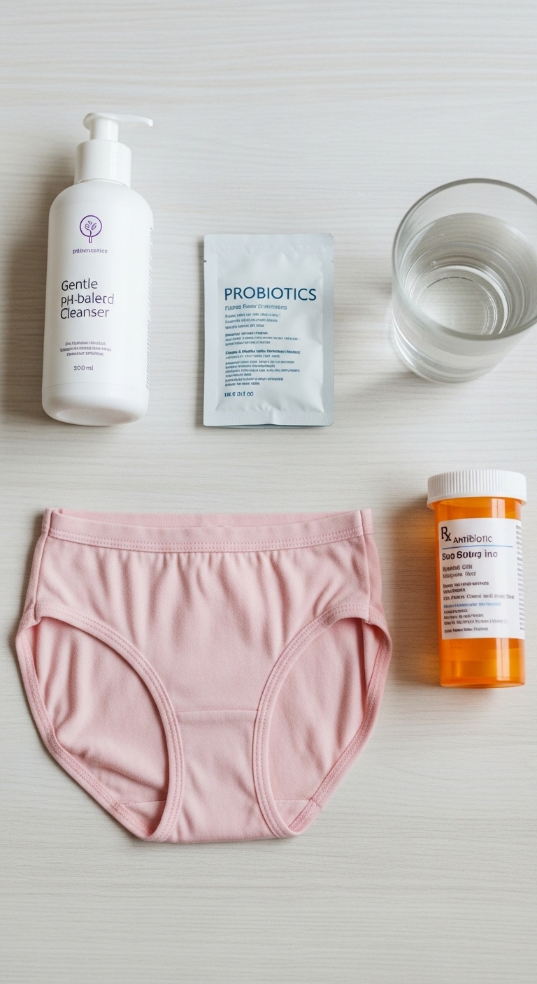 A pink pair of underwear with a packet of probiotics and a bottle of Gentle Balanced Clearer.